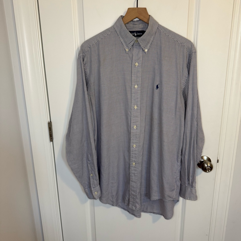 Polo Ralph Lauren Blue White Check Mens 16 34/35 Long Sleeve Button Down Shirt